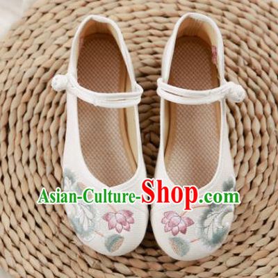 Traditional Chinese Embroidery Lotus White Shoes National Embroidered Shoes Hanfu Shoes for Women