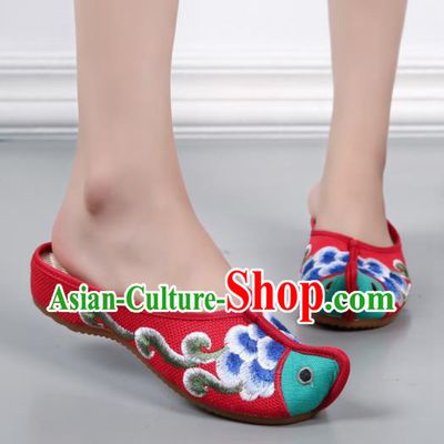 Traditional Chinese Fish Head Red Shoes Embroidered Shoes Cloth Shoes for Women