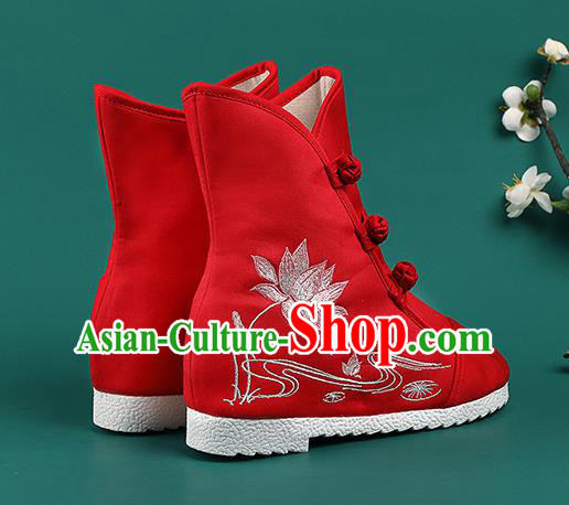 Chinese Traditional Winter Embroidered Lotus Red Boots Hanfu Shoes Cloth Boots for Women Chinese Traditional Winter Embroidered Lotus Red Boots Hanfu Shoes Cloth Boots for Women