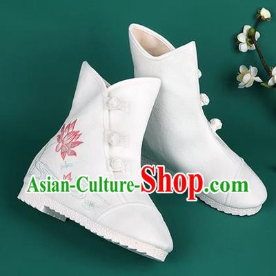 Chinese Traditional Winter Embroidered Lotus White Boots Hanfu Shoes Cloth Boots for Women