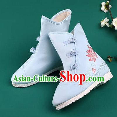 Chinese Traditional Winter Embroidered Lotus Blue Boots Hanfu Shoes Cloth Boots for Women