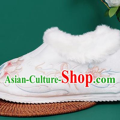 Chinese Traditional Embroidered Winter White Boots Hanfu Shoes Cloth Boots for Women