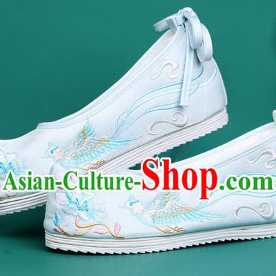 Chinese Traditional Winter Embroidered Phoenix Light Blue Shoes Hanfu Shoes Princess Shoes for Women