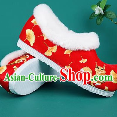 Chinese Traditional Winter Embroidered Ginkgo Squirrel Red Shoes Hanfu Shoes Princess Shoes for Women