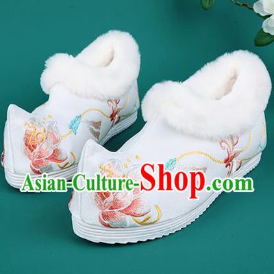 Chinese Traditional Embroidered Flowers Winter White Boots Hanfu Shoes Cloth Boots for Women