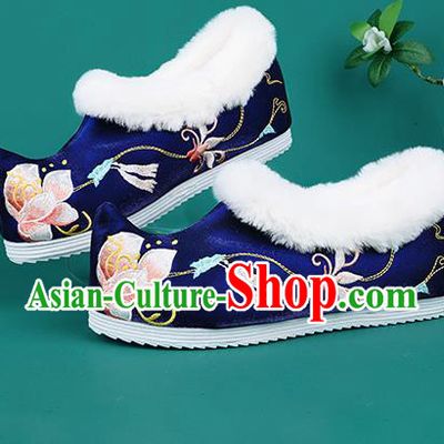Chinese Traditional Embroidered Flowers Winter Royalblue Boots Hanfu Shoes Cloth Boots for Women