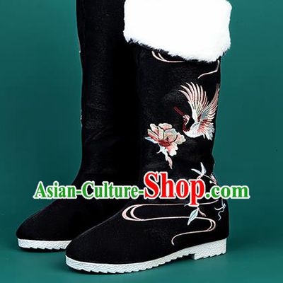 Chinese Traditional Embroidered Crane Black High Boots Hanfu Shoes Cloth Boots for Women