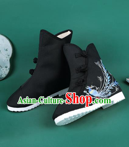 Handmade Chinese Traditional Embroidered Phoenix Black Boots Hanfu Shoes Cloth Boots for Women Handmade Chinese Traditional Embroidered Phoenix Black Boots Hanfu Shoes Cloth Boots for Women