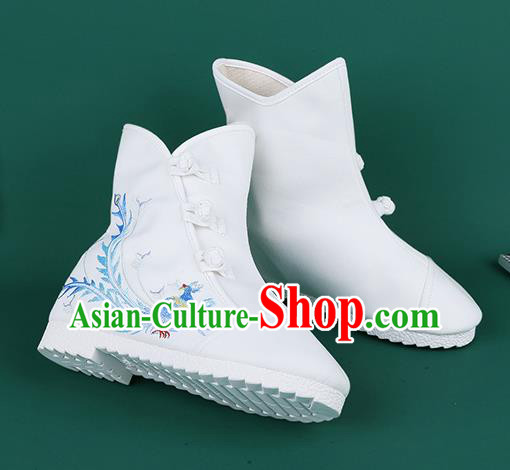 Handmade Chinese Traditional Embroidered Phoenix White Boots Hanfu Shoes Cloth Boots for Women Handmade Chinese Traditional Embroidered Phoenix White Boots Hanfu Shoes Cloth Boots for Women