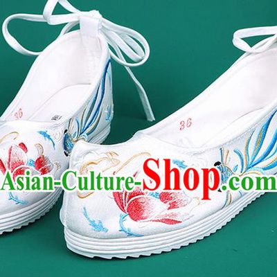 Chinese Traditional Embroidered Goldfish Lotus White Shoes Hanfu Shoes Princess Shoes for Women