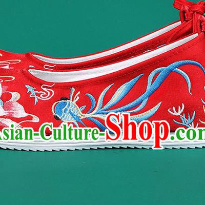 Chinese Traditional Embroidered Goldfish Lotus Red Shoes Hanfu Shoes Princess Shoes for Women