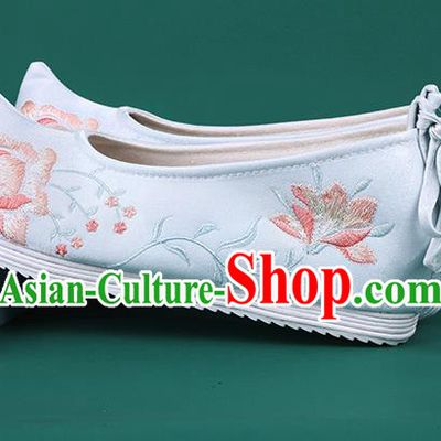 Chinese Traditional Wedding Embroidered Peony Blue Shoes Hanfu Shoes Princess Shoes for Women