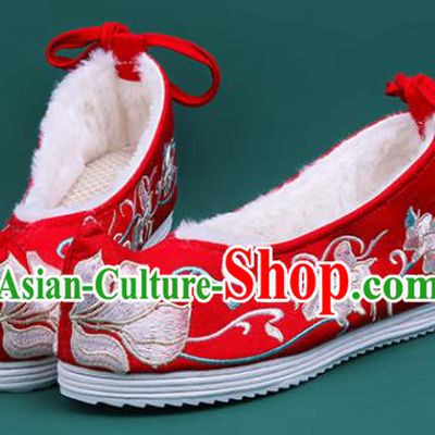 Chinese Winter Embroidered Red Shoes Traditional Hanfu Shoes Princess Shoes for Women