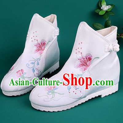 Handmade Chinese White Cloth Boots Traditional Embroidered Boots Hanfu Shoes for Women