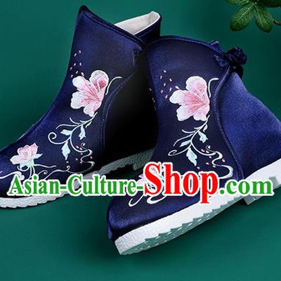 Handmade Chinese Royalblue Cloth Boots Traditional Embroidered Boots Hanfu Shoes for Women