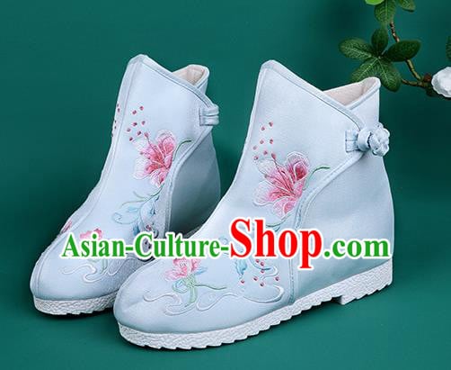 Handmade Chinese Light Blue Cloth Boots Traditional Embroidered Boots Hanfu Shoes for Women