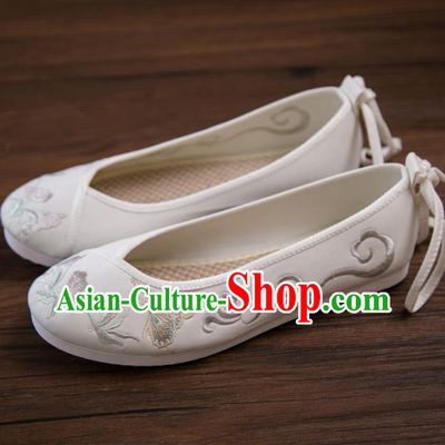 Traditional Chinese Handmade Hanfu Shoes Embroidered Butterfly Orchid White Shoes Cloth Shoes for Women