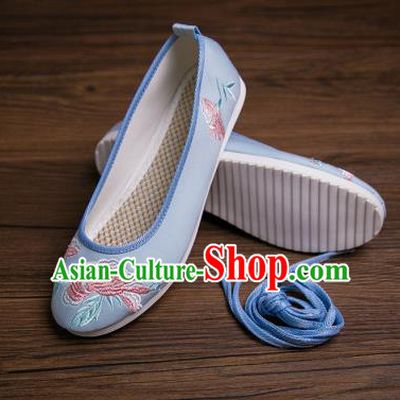 Traditional Chinese Handmade Hanfu Shoes Blue Embroidered Shoes Cloth Shoes for Women
