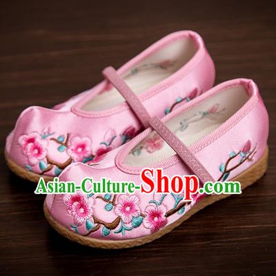 Handmade Chinese National Shoes Traditional New Year Pink Embroidered Shoes Hanfu Shoes for Kids