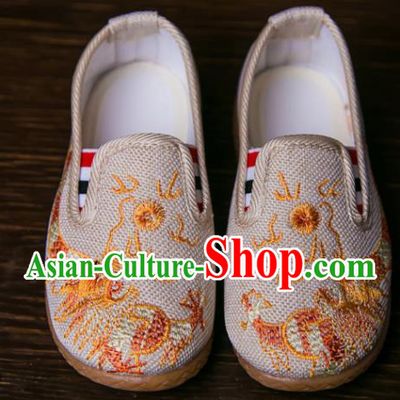 Handmade Chinese Traditional Beige Canvas Embroidered Dragon Shoes New Year National Shoes Hanfu Shoes for Kids