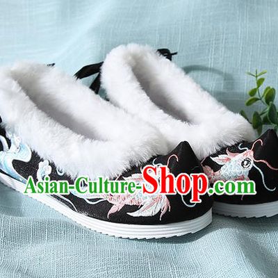 Traditional Chinese Handmade Embroidered Goldfish Black Shoes Wedding Shoes Hanfu Shoes Princess Shoes for Women