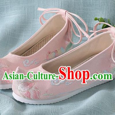 Chinese Handmade Embroidered Mandarin Duck Lotus Pink Shoes Traditional Ming Dynasty Hanfu Shoes Princess Shoes for Women