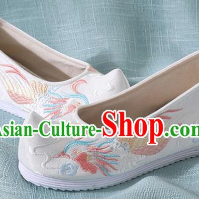 Chinese Handmade Embroidered Bird White Shoes Traditional Wedding Shoes Hanfu Shoes Princess Shoes for Women
