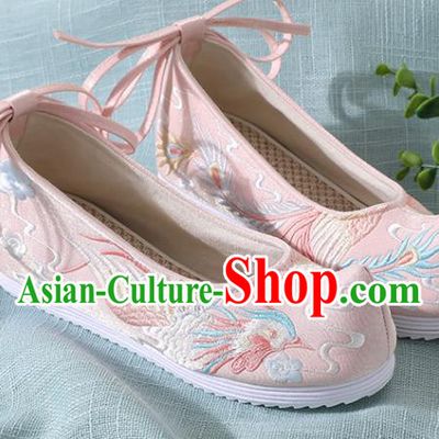 Chinese Handmade Embroidered Bird Pink Shoes Traditional Wedding Shoes Hanfu Shoes Princess Shoes for Women