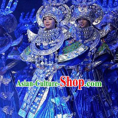 Chinese Dance Drama Colorful Guizhou Yi Nationality Dance Blue Dress Stage Performance Dance Costume and Headpiece for Women