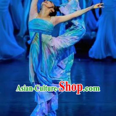 Chinese Chuansi Gongzhu Classical Dance Blue Dress Stage Performance Dance Costume and Headpiece for Women