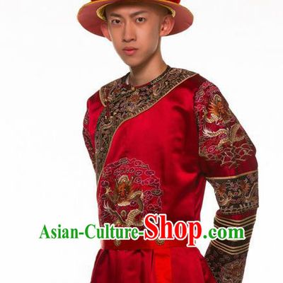 Deling and Cixi Chinese Ancient Qing Dynasty Emperor Red Clothing Stage Performance Dance Costume for Men