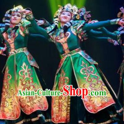 Dance Between Heaven and Earth Chinese Mongol Nationality Green Dress Stage Performance Dance Costume and Headpiece for Women