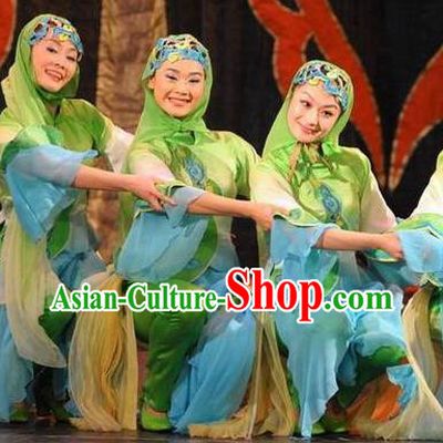 Dance Between Heaven and Earth Chinese Hui Nationality Dance Green Dress Stage Performance Dance Costume and Headpiece for Women