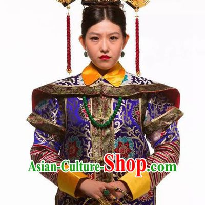 Deling and Cixi Chinese Qing Dynasty Empress Royalblue Silk Dress Stage Performance Dance Costume and Headpiece for Women