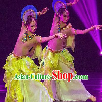 Dance Between Heaven and Earth Chinese Classical Dance Yellow Dress Stage Performance Dance Costume and Headpiece for Women