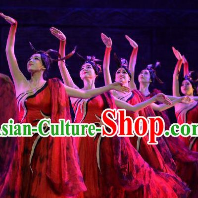 Lady Zhaojun Chinese Classical Dance Red Dress Stage Performance Dance Costume and Headpiece for Women