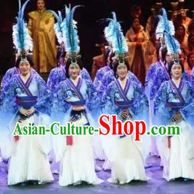 Chinese King Zhuang of Chu Ancient Spring and Autumn Period Blue Dress Stage Performance Dance Costume and Headpiece for Women
