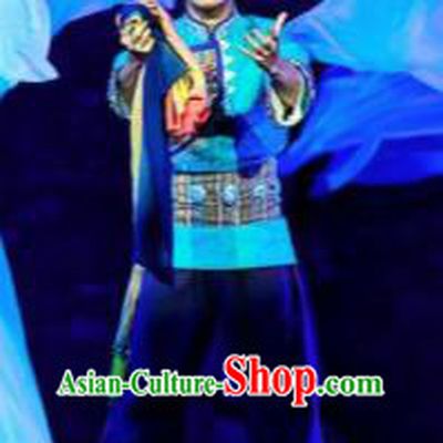 Walking Marriage Chinese Mosuo Nationality Bridegroom Dance Blue Clothing Stage Performance Dance Costume for Men