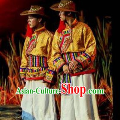 Walking Marriage Chinese Mosuo Nationality Bridegroom Dance Golden Clothing Stage Performance Dance Costume for Men