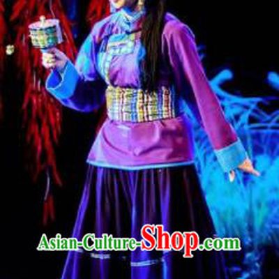 Walking Marriage Chinese Mosuo Minority Folk Dance Purple Dress Stage Performance Dance Costume and Headpiece for Women