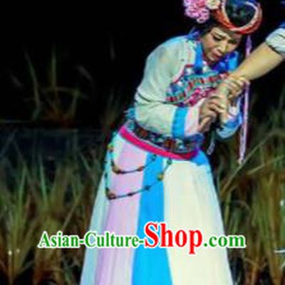 Walking Marriage Chinese Mosuo Minority Folk Dance White Dress Stage Performance Dance Costume and Headpiece for Women
