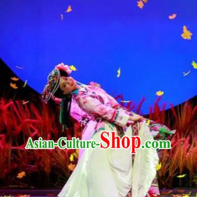 Walking Marriage Chinese Mosuo Minority Folk Dance Pink Dress Stage Performance Dance Costume and Headpiece for Women