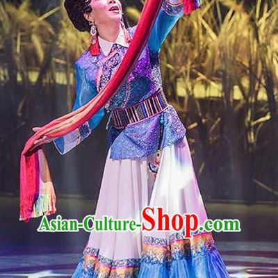 Walking Marriage Chinese Mosuo Minority Dance Dress Stage Performance Dance Costume and Headpiece for Women
