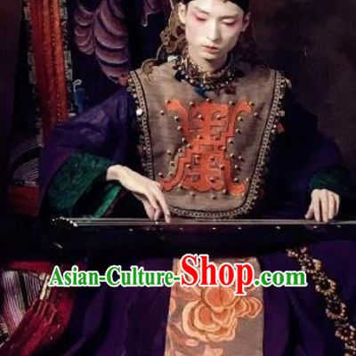 Chinese Pingtan Impression Ancient Qing Dynasty Purple Dress Stage Performance Dance Costume and Headpiece for Women