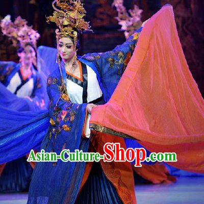 Chinese Lady Zhaojun Ancient Imperial Consort Dance Blue Dress Stage Performance Dance Costume and Headpiece for Women