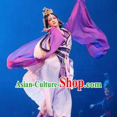 Guan Gong Chinese Classical Dance Purple Dress Stage Performance Dance Costume and Headpiece for Women