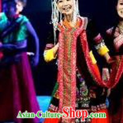 Impression Shanha Chinese She Nationality Dance Red Dress Stage Performance Dance Costume and Headpiece for Women