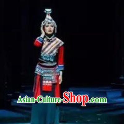 Impression Shanha Chinese She Nationality Dance Dress Stage Performance Dance Costume and Headpiece for Women