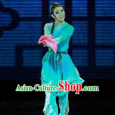 Sunsets Chinese Classical Dance Xiao Qing Green Dress Stage Performance Dance Costume and Headpiece for Women