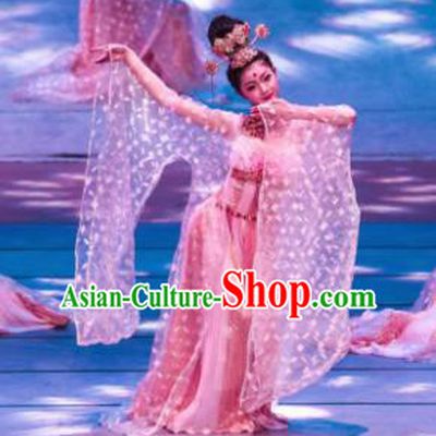 Meet Millennium Chinese Classical Dance Pink Dress Stage Performance Dance Costume and Headpiece for Women